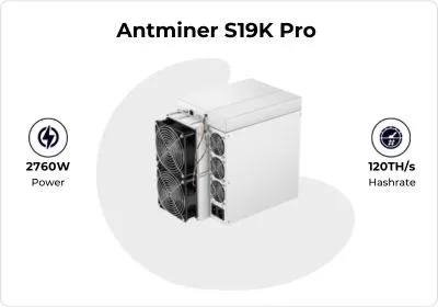 Bitmain-Antminer-S19K-Pro - CryptoMiners24 Antminer S19K Pro mining rig showing 2.76 kW power and 120 TH/s hashrate with side icons